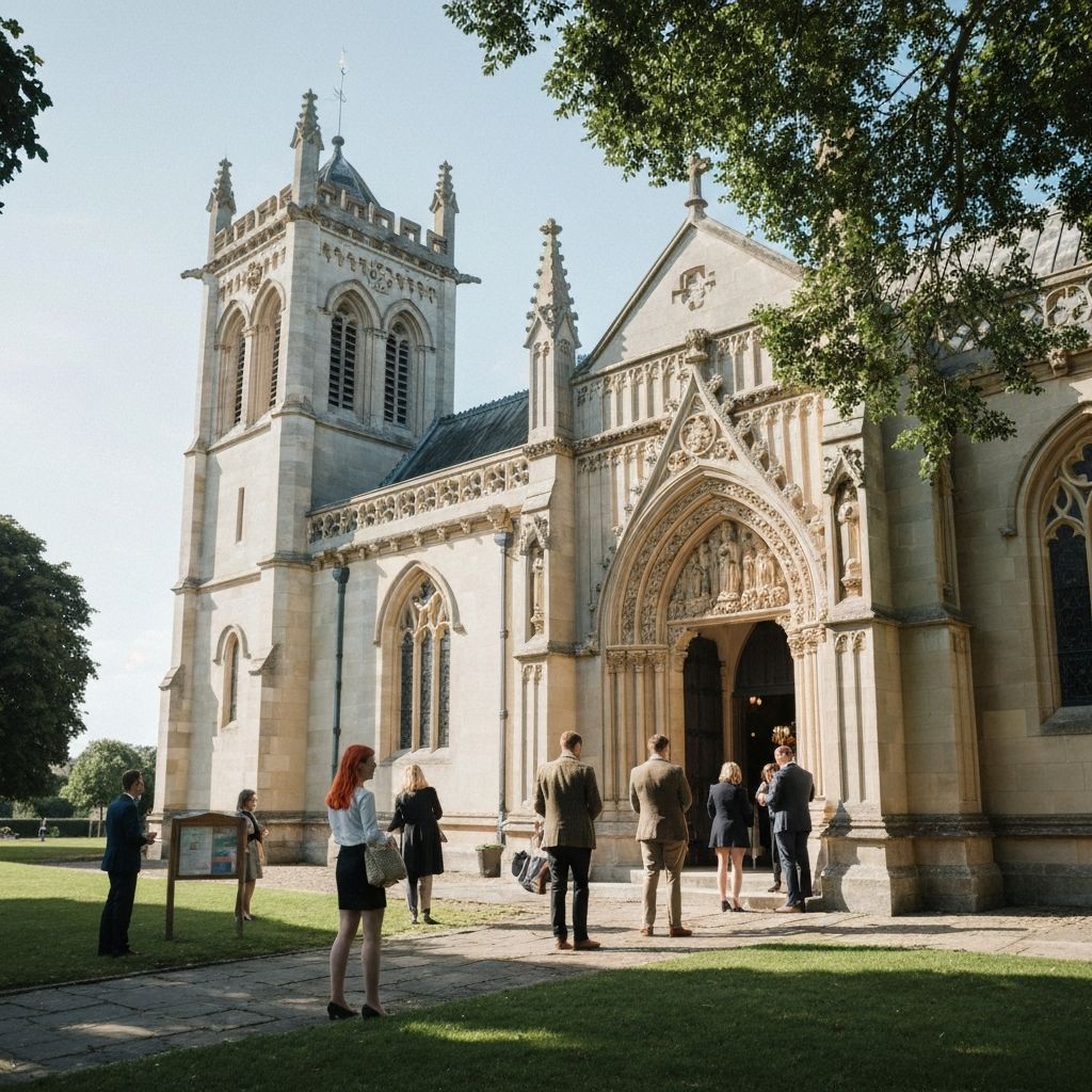 People gathering outside a beautiful church building - find churches in your area with the ChurchStation directory