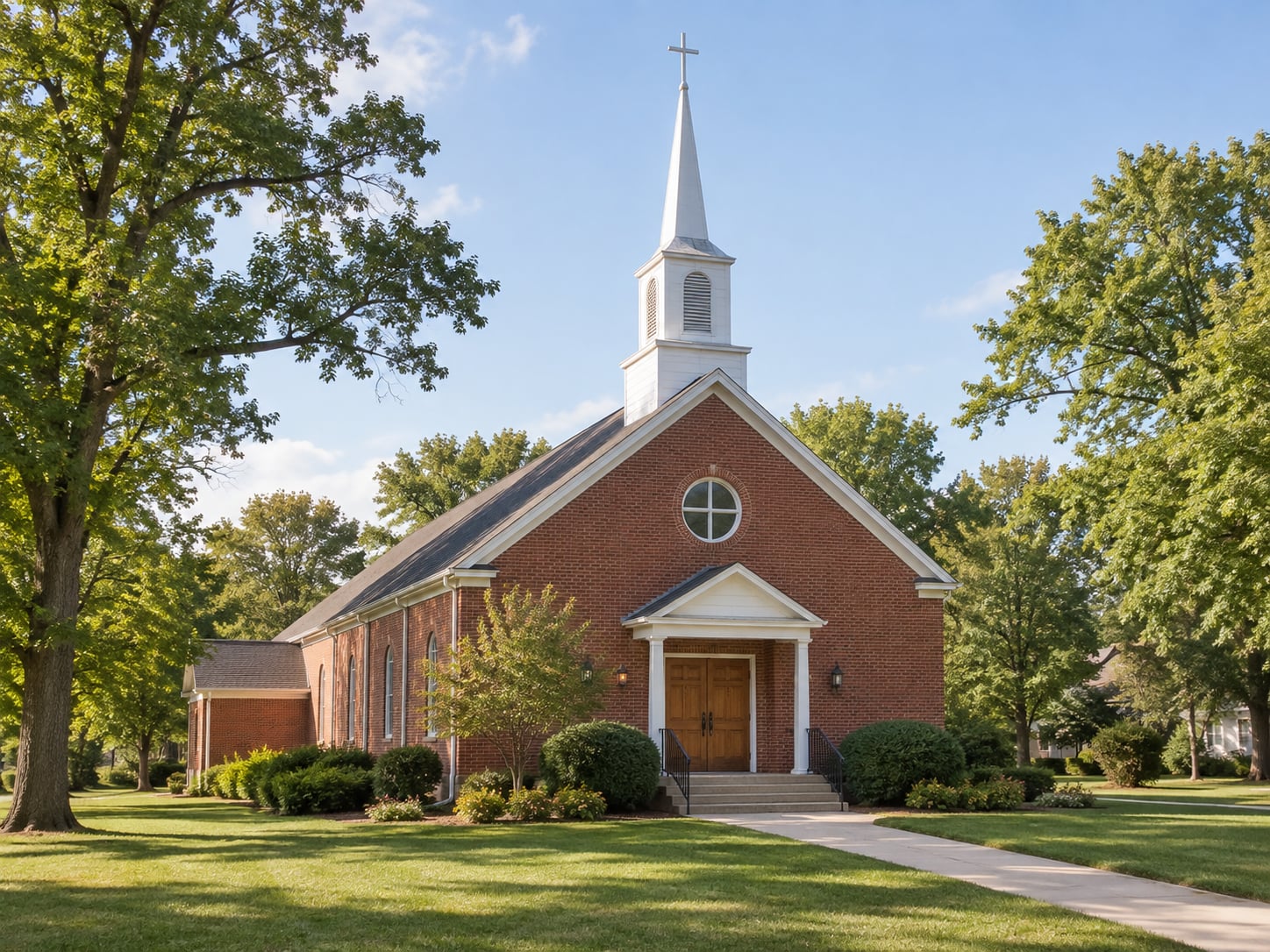 A red-brick church with a white steeple in a leafy neighborhood